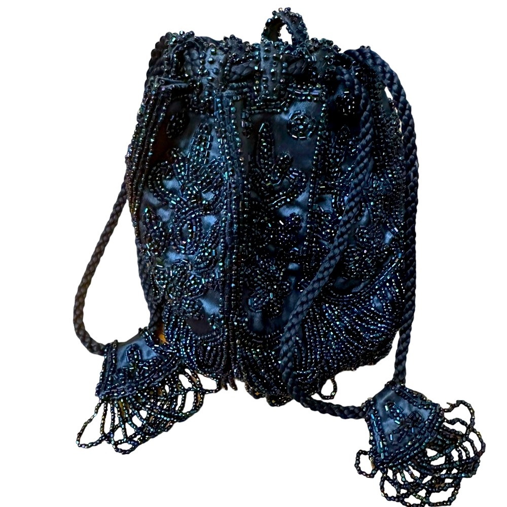 Vintage navy blue satin beaded art deco drawstring dress bag. EUC